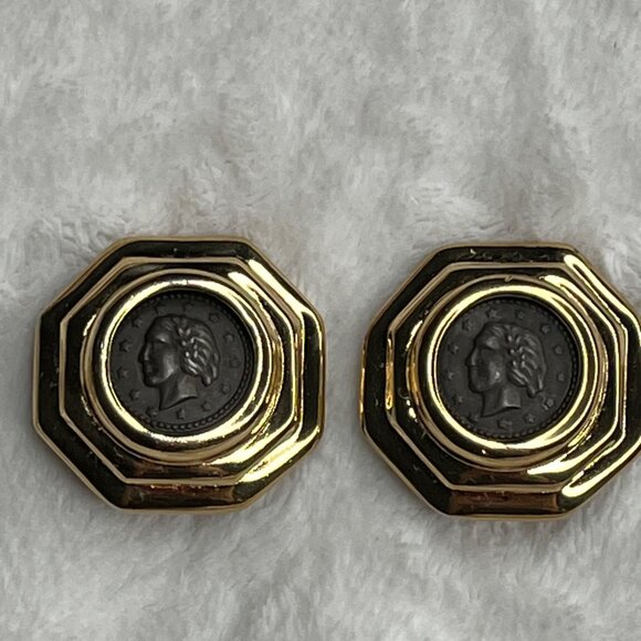 Vintage Coin-Inspired Gold-Tone Clip-On Earrings - Picture 1 of 5
